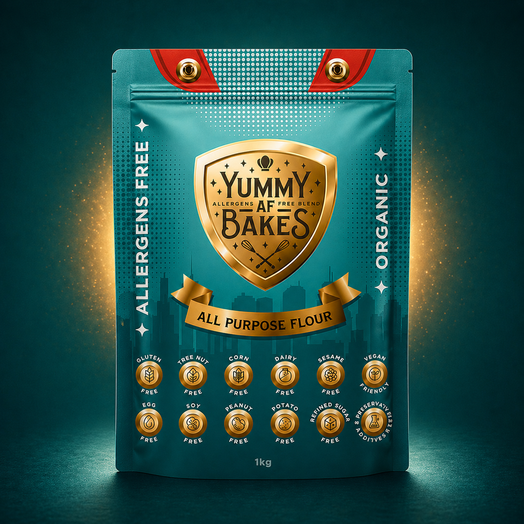 Organic All Purpose Allergy Friendly Flour front pack — gluten free, wheat free and top 8 allergen free | Yummy AF Bakes