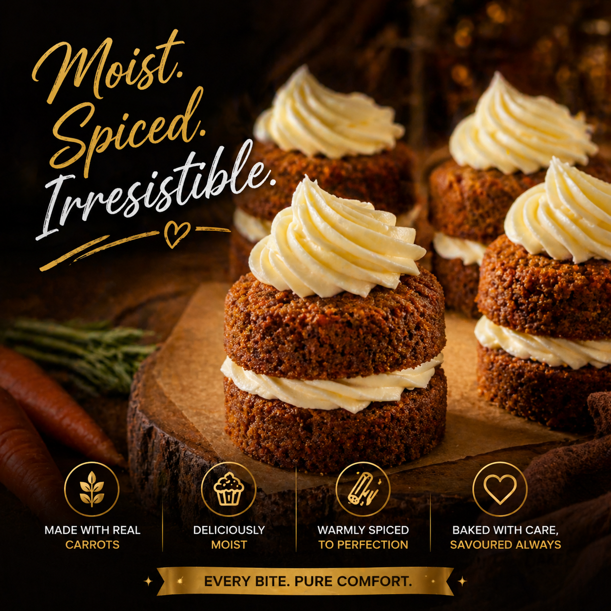 Mini carrot cakes made with Yummy AF Bakes organic allergen free carrot cake mix — gluten free, dairy free and egg free