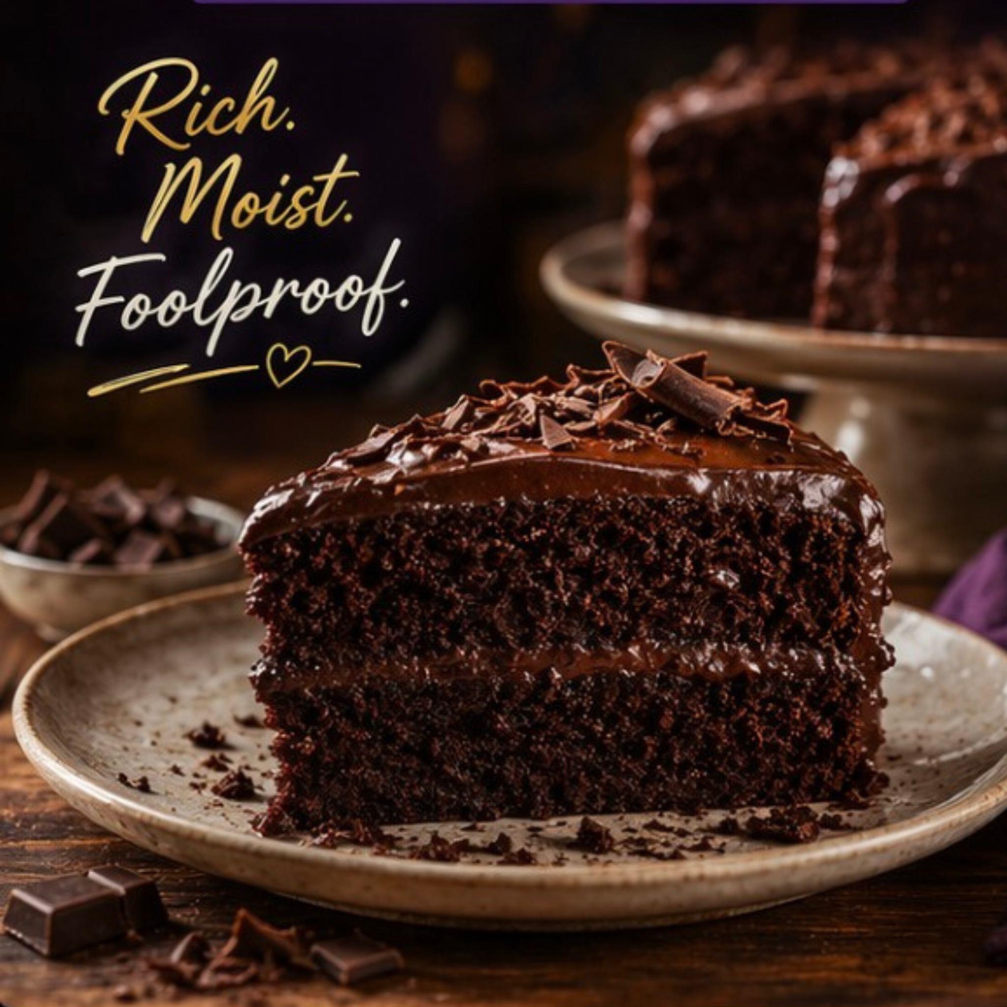 Slice of moist organic chocolate cake made with Yummy AF Bakes allergen free cake mix