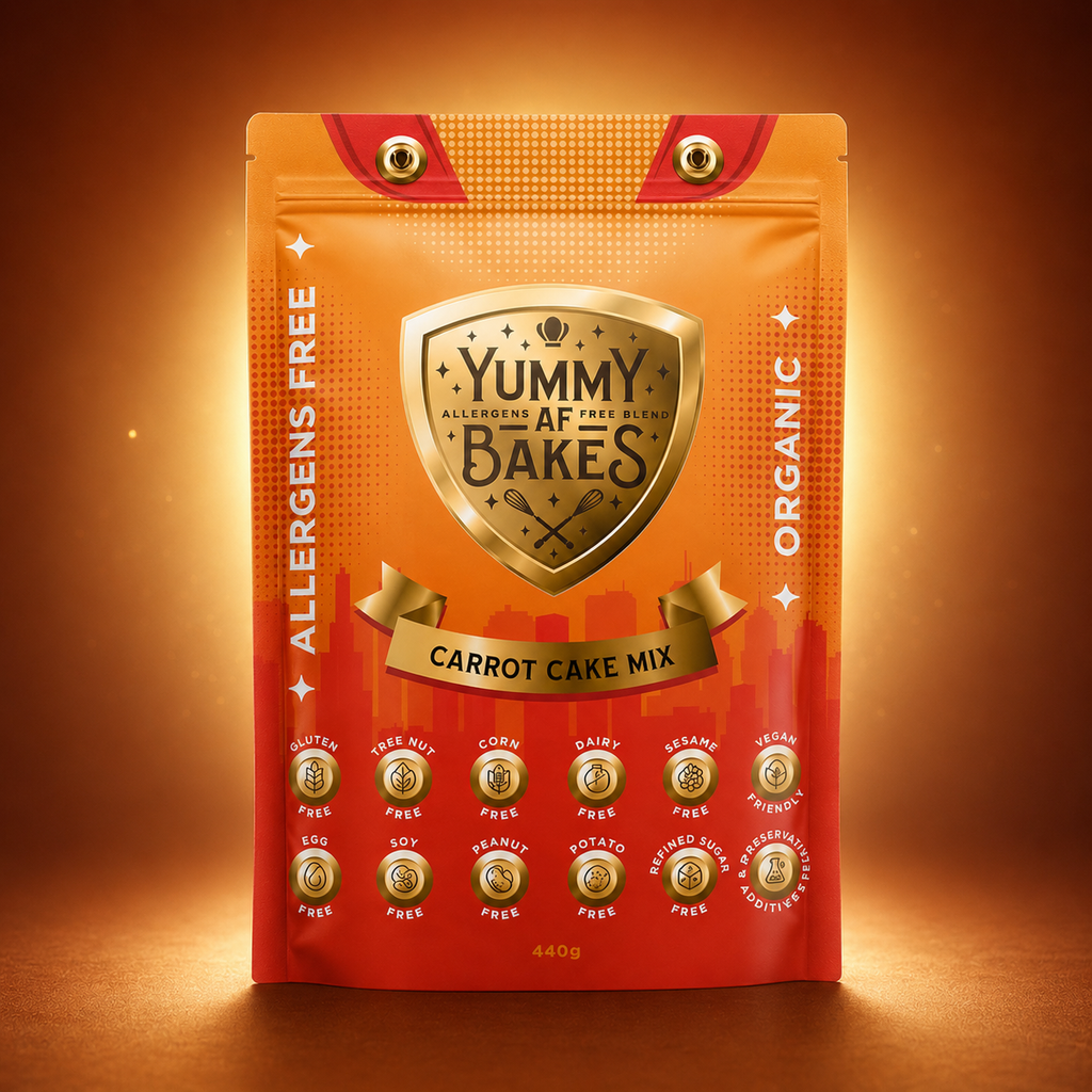 Organic Carrot Cake Mix front pack — gluten free, allergen free, dairy free | Yummy AF Bakes